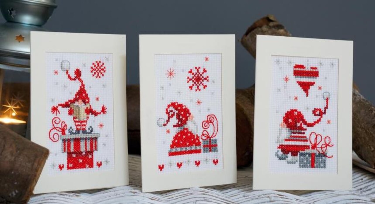 DIY Vervaco Christmas Cards Craft Gnomes Elves Santa Counted Cross Stitch Kit 2